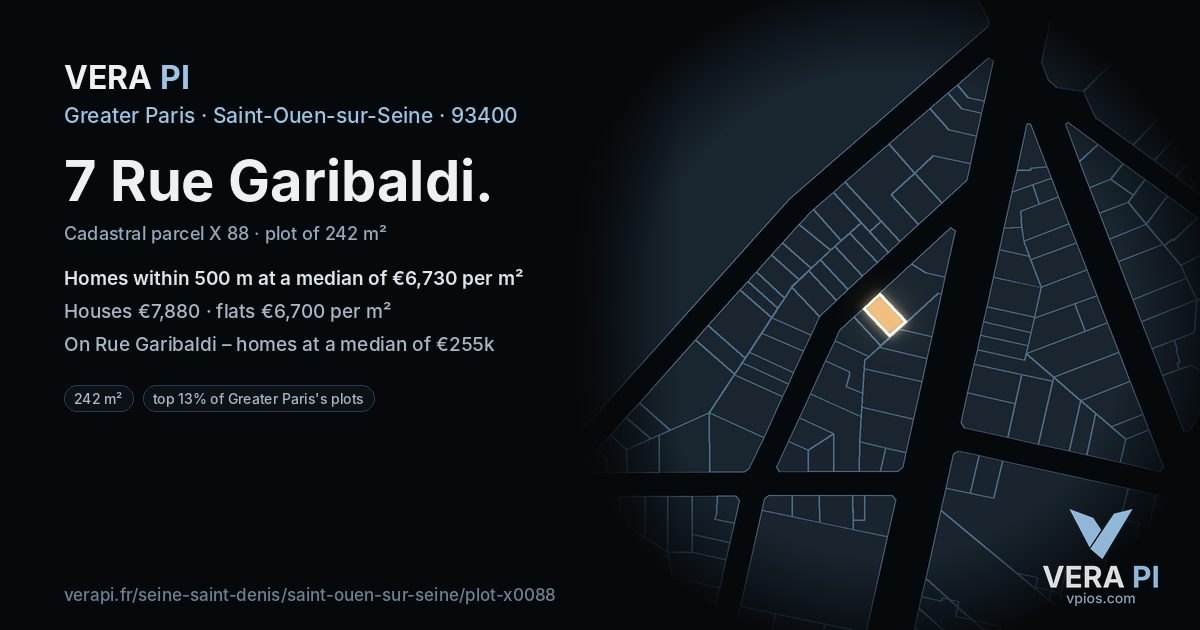 7 Rue Garibaldi, Saint-Ouen-sur-Seine at night – the plot lit, the parcels around coloured by the prices near them