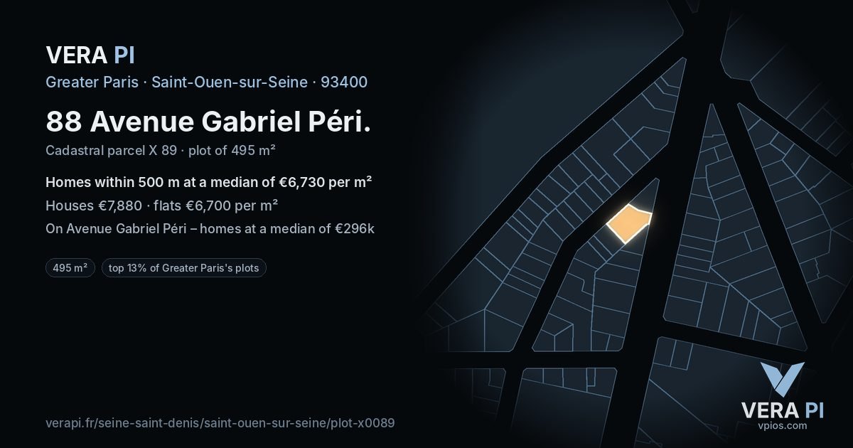 88 Avenue Gabriel Péri, Saint-Ouen-sur-Seine at night – the plot lit, the parcels around coloured by the prices near them