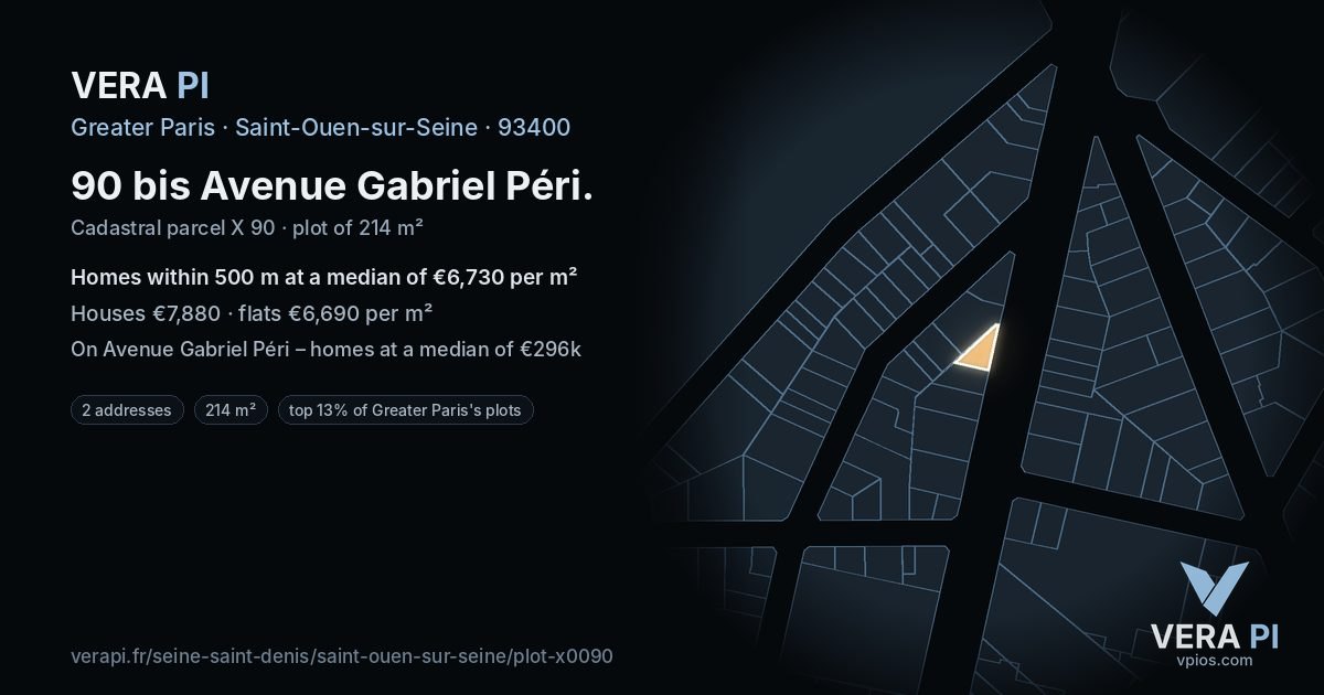 90 bis Avenue Gabriel Péri, Saint-Ouen-sur-Seine at night – the plot lit, the parcels around coloured by the prices near them