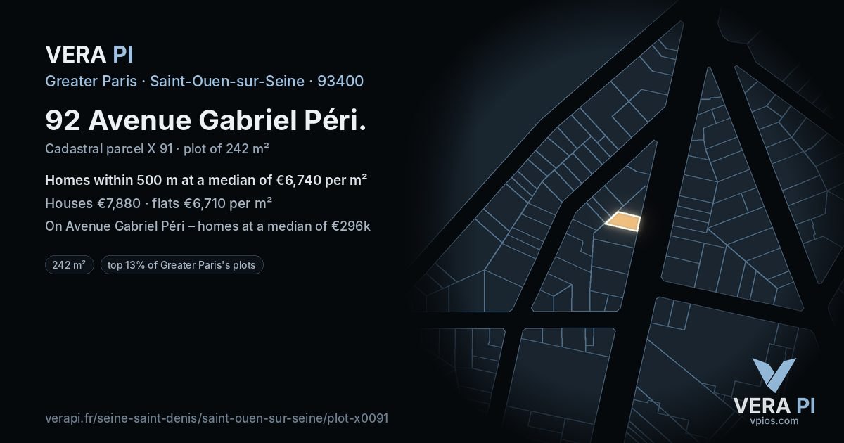 92 Avenue Gabriel Péri, Saint-Ouen-sur-Seine at night – the plot lit, the parcels around coloured by the prices near them