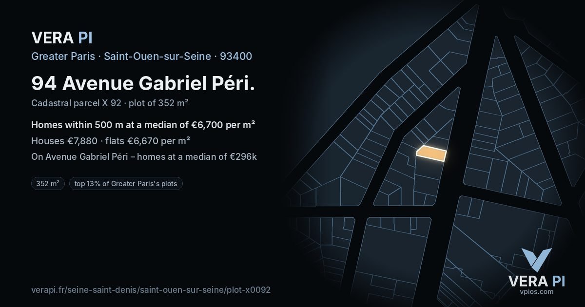 94 Avenue Gabriel Péri, Saint-Ouen-sur-Seine at night – the plot lit, the parcels around coloured by the prices near them