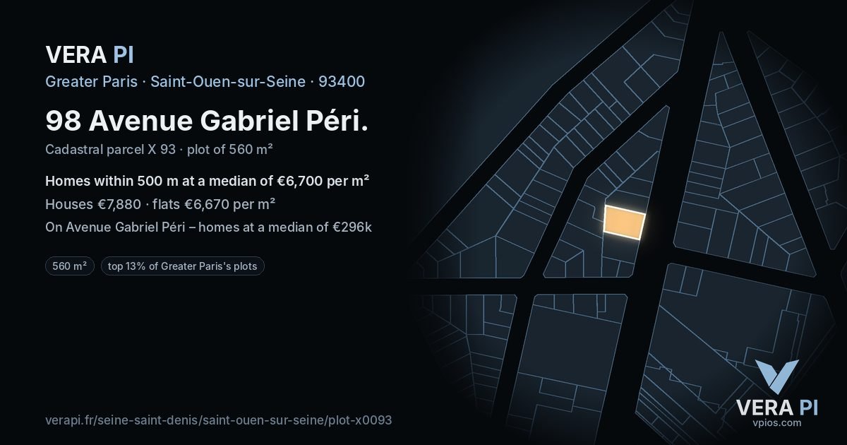 98 Avenue Gabriel Péri, Saint-Ouen-sur-Seine at night – the plot lit, the parcels around coloured by the prices near them