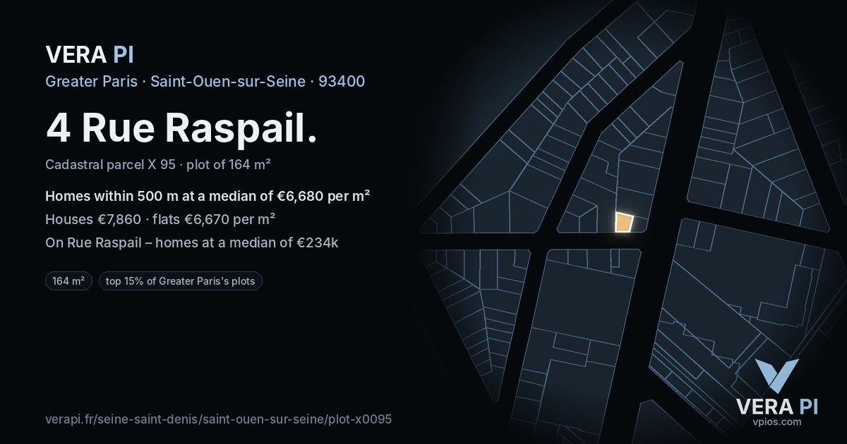 4 Rue Raspail, Saint-Ouen-sur-Seine at night – the plot lit, the parcels around coloured by the prices near them
