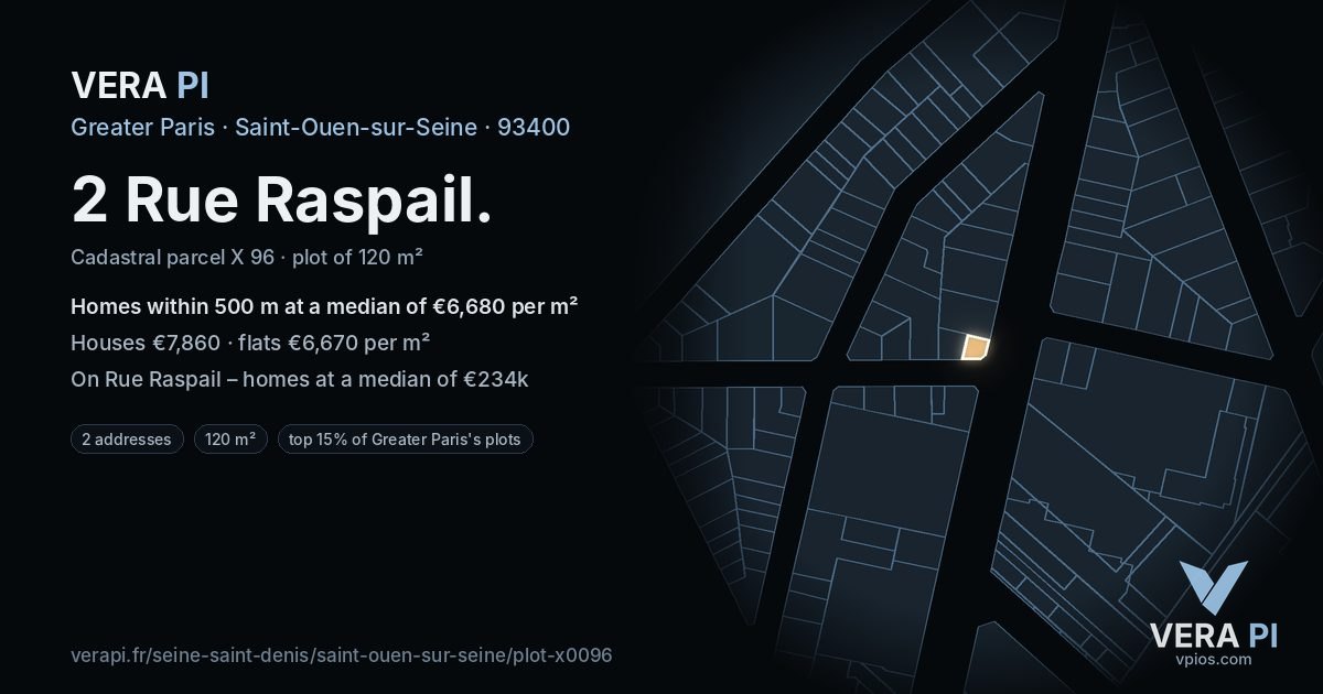 2 Rue Raspail, Saint-Ouen-sur-Seine at night – the plot lit, the parcels around coloured by the prices near them