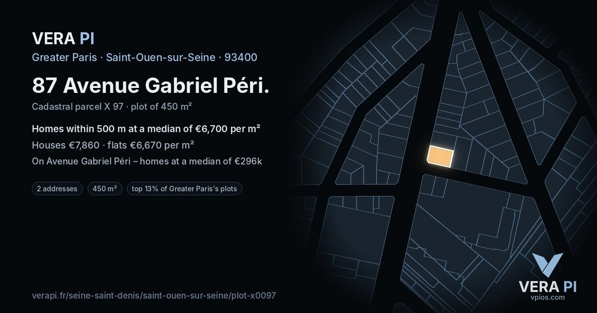 87 Avenue Gabriel Péri, Saint-Ouen-sur-Seine at night – the plot lit, the parcels around coloured by the prices near them
