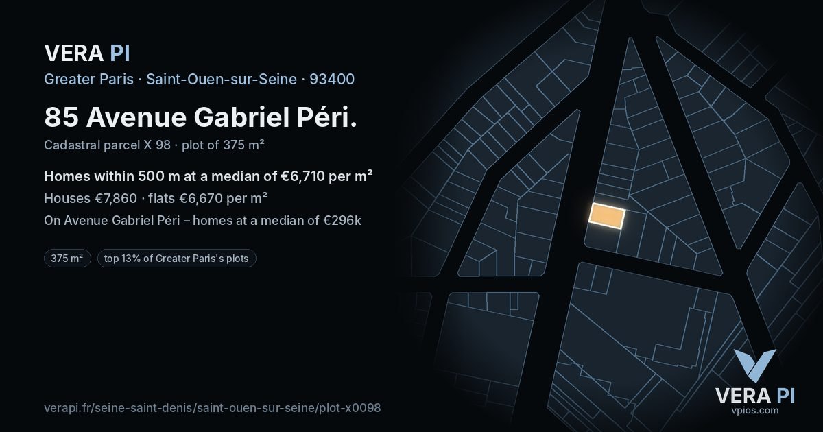 85 Avenue Gabriel Péri, Saint-Ouen-sur-Seine at night – the plot lit, the parcels around coloured by the prices near them