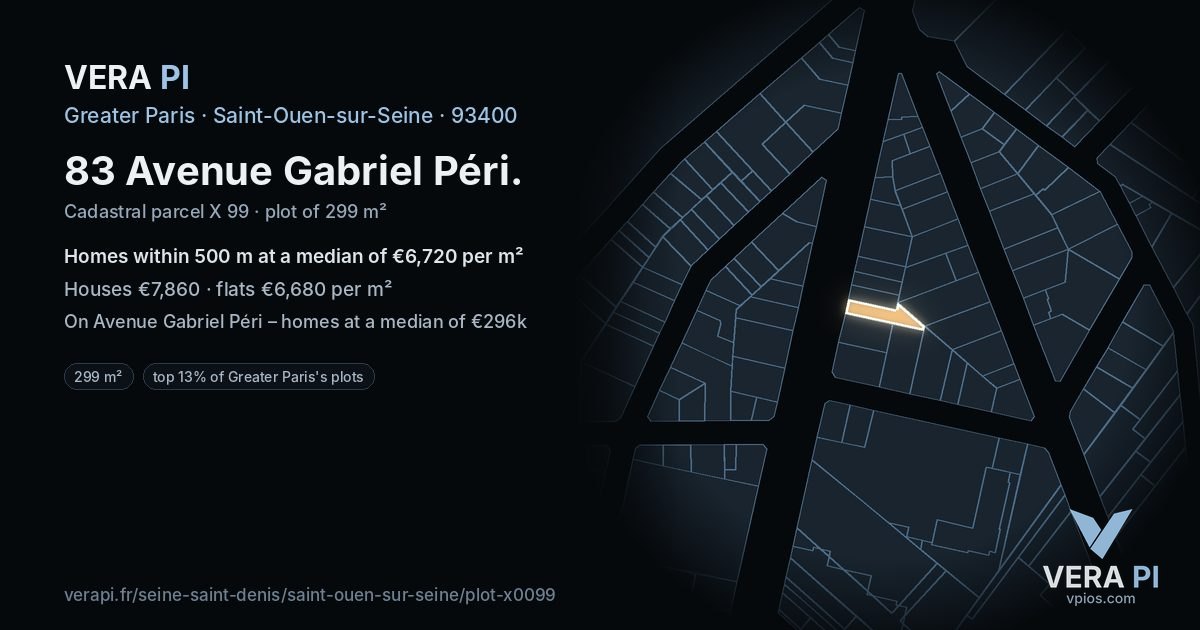 83 Avenue Gabriel Péri, Saint-Ouen-sur-Seine at night – the plot lit, the parcels around coloured by the prices near them