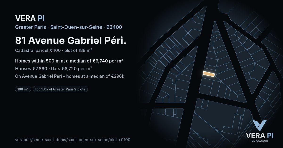 81 Avenue Gabriel Péri, Saint-Ouen-sur-Seine at night – the plot lit, the parcels around coloured by the prices near them