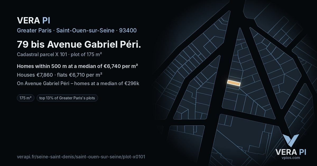 79 bis Avenue Gabriel Péri, Saint-Ouen-sur-Seine at night – the plot lit, the parcels around coloured by the prices near them