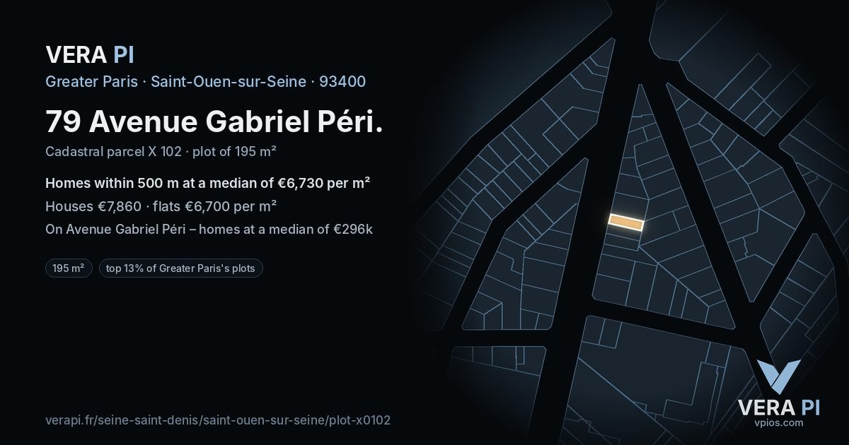 79 Avenue Gabriel Péri, Saint-Ouen-sur-Seine at night – the plot lit, the parcels around coloured by the prices near them