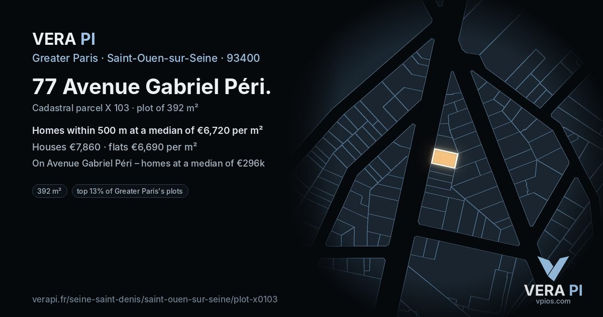 77 Avenue Gabriel Péri, Saint-Ouen-sur-Seine at night – the plot lit, the parcels around coloured by the prices near them
