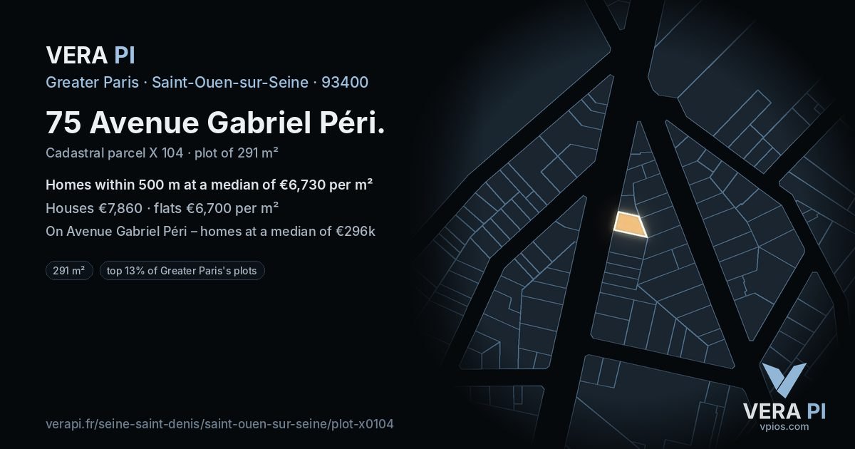 75 Avenue Gabriel Péri, Saint-Ouen-sur-Seine at night – the plot lit, the parcels around coloured by the prices near them