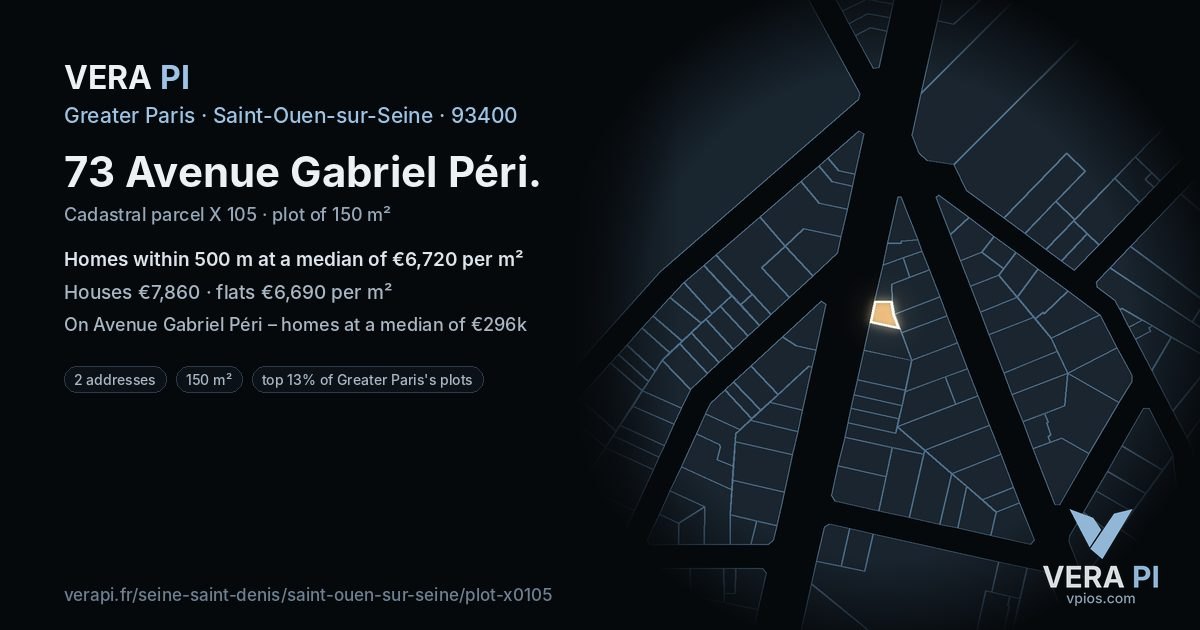 73 Avenue Gabriel Péri, Saint-Ouen-sur-Seine at night – the plot lit, the parcels around coloured by the prices near them