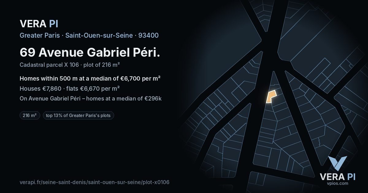 69 Avenue Gabriel Péri, Saint-Ouen-sur-Seine at night – the plot lit, the parcels around coloured by the prices near them