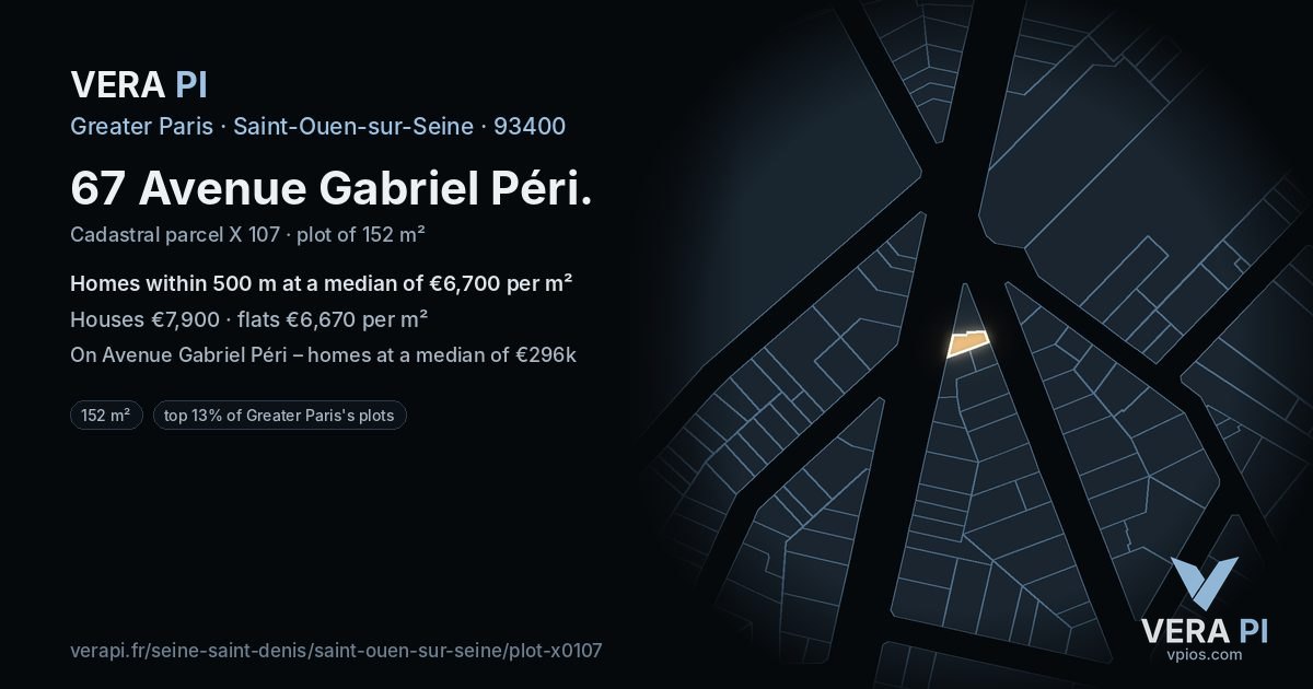 67 Avenue Gabriel Péri, Saint-Ouen-sur-Seine at night – the plot lit, the parcels around coloured by the prices near them