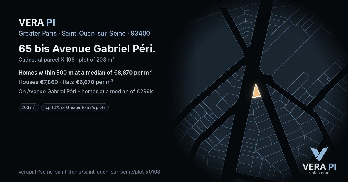 65 bis Avenue Gabriel Péri, Saint-Ouen-sur-Seine at night – the plot lit, the parcels around coloured by the prices near them