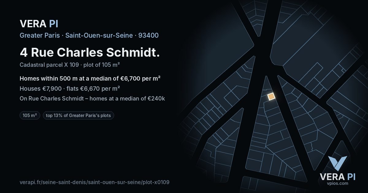 4 Rue Charles Schmidt, Saint-Ouen-sur-Seine at night – the plot lit, the parcels around coloured by the prices near them