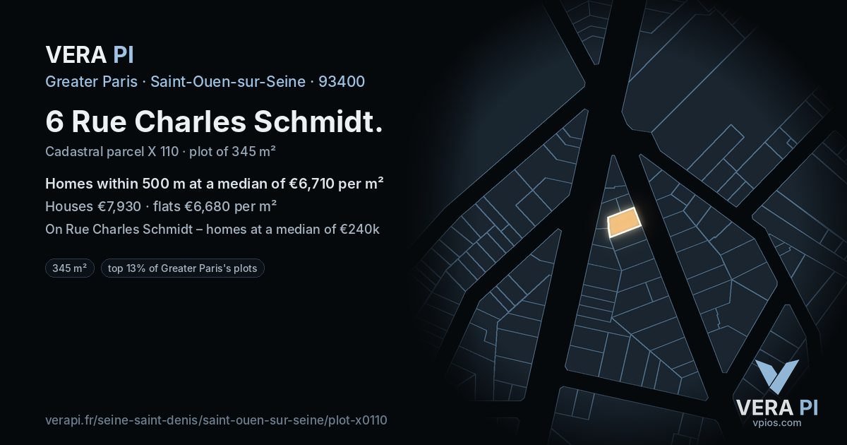 6 Rue Charles Schmidt, Saint-Ouen-sur-Seine at night – the plot lit, the parcels around coloured by the prices near them
