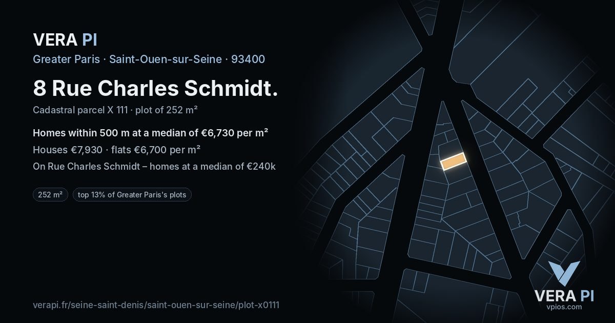 8 Rue Charles Schmidt, Saint-Ouen-sur-Seine at night – the plot lit, the parcels around coloured by the prices near them