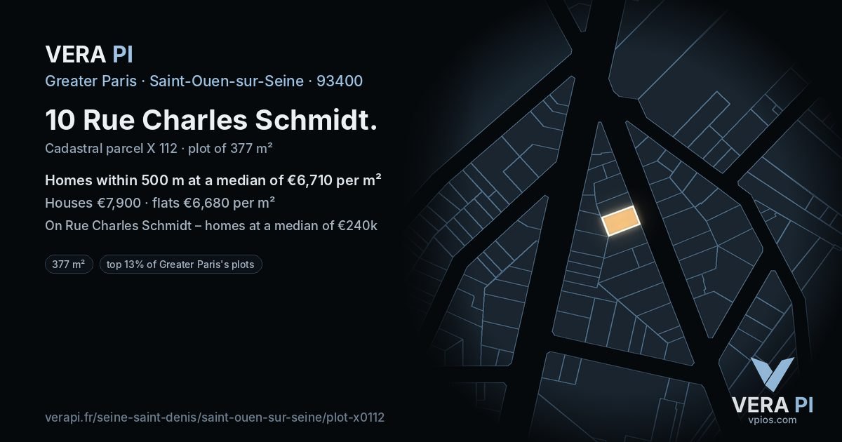 10 Rue Charles Schmidt, Saint-Ouen-sur-Seine at night – the plot lit, the parcels around coloured by the prices near them