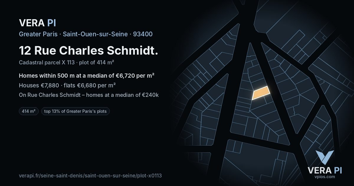12 Rue Charles Schmidt, Saint-Ouen-sur-Seine at night – the plot lit, the parcels around coloured by the prices near them