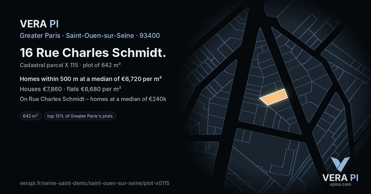 16 Rue Charles Schmidt, Saint-Ouen-sur-Seine at night – the plot lit, the parcels around coloured by the prices near them