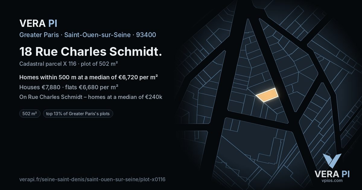 18 Rue Charles Schmidt, Saint-Ouen-sur-Seine at night – the plot lit, the parcels around coloured by the prices near them