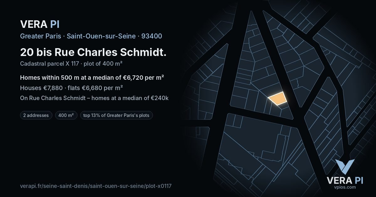 20 bis Rue Charles Schmidt, Saint-Ouen-sur-Seine at night – the plot lit, the parcels around coloured by the prices near them