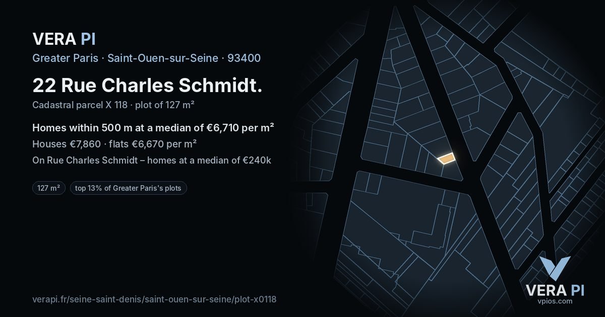 22 Rue Charles Schmidt, Saint-Ouen-sur-Seine at night – the plot lit, the parcels around coloured by the prices near them
