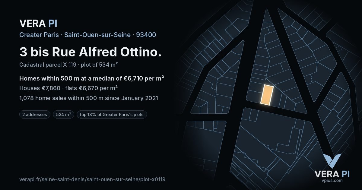 3 bis Rue Alfred Ottino, Saint-Ouen-sur-Seine at night – the plot lit, the parcels around coloured by the prices near them