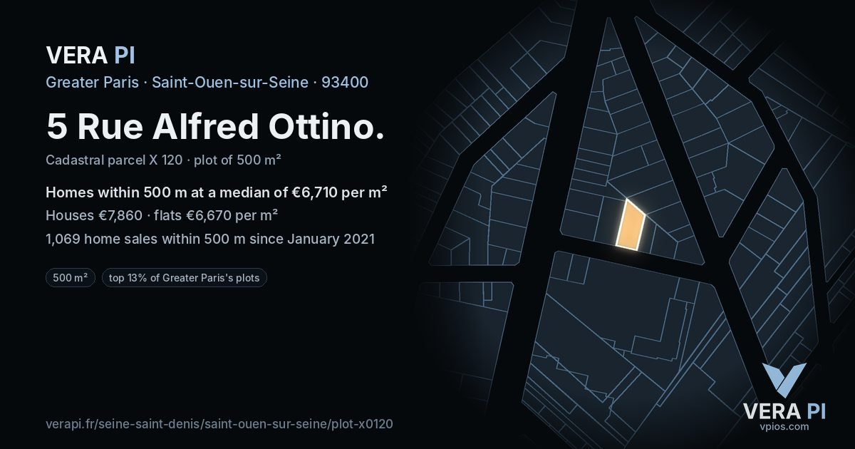 5 Rue Alfred Ottino, Saint-Ouen-sur-Seine at night – the plot lit, the parcels around coloured by the prices near them