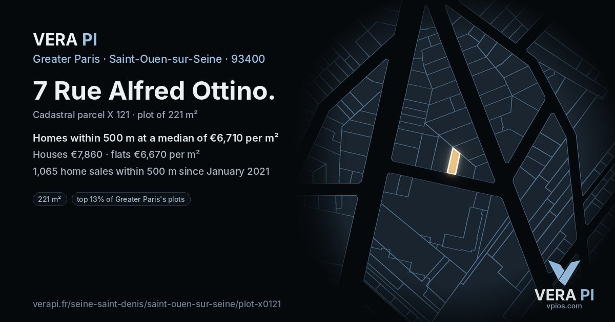 7 Rue Alfred Ottino, Saint-Ouen-sur-Seine at night – the plot lit, the parcels around coloured by the prices near them