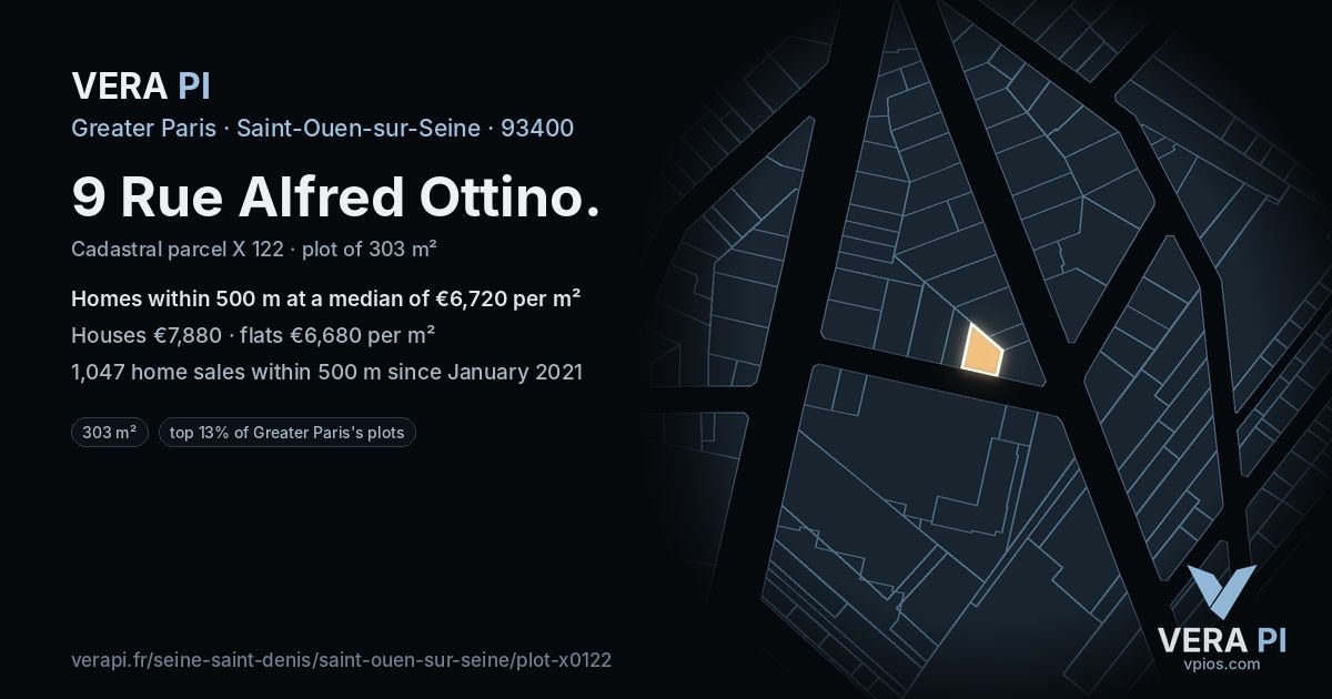 9 Rue Alfred Ottino, Saint-Ouen-sur-Seine at night – the plot lit, the parcels around coloured by the prices near them
