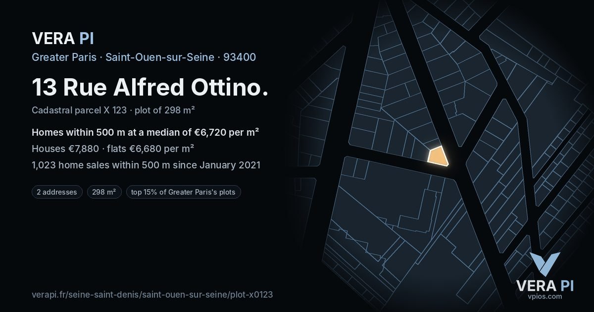 13 Rue Alfred Ottino, Saint-Ouen-sur-Seine at night – the plot lit, the parcels around coloured by the prices near them
