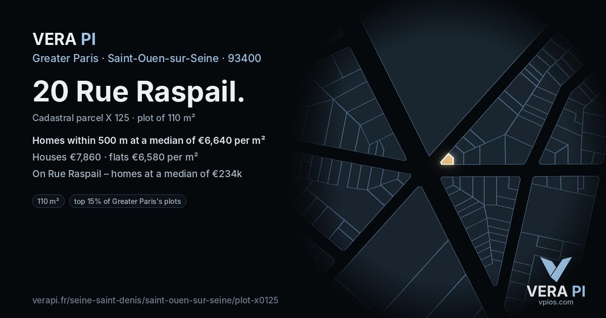 20 Rue Raspail, Saint-Ouen-sur-Seine at night – the plot lit, the parcels around coloured by the prices near them