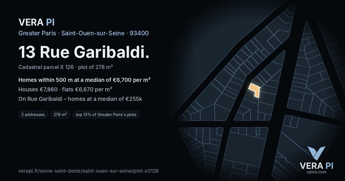 13 Rue Garibaldi, Saint-Ouen-sur-Seine at night – the plot lit, the parcels around coloured by the prices near them