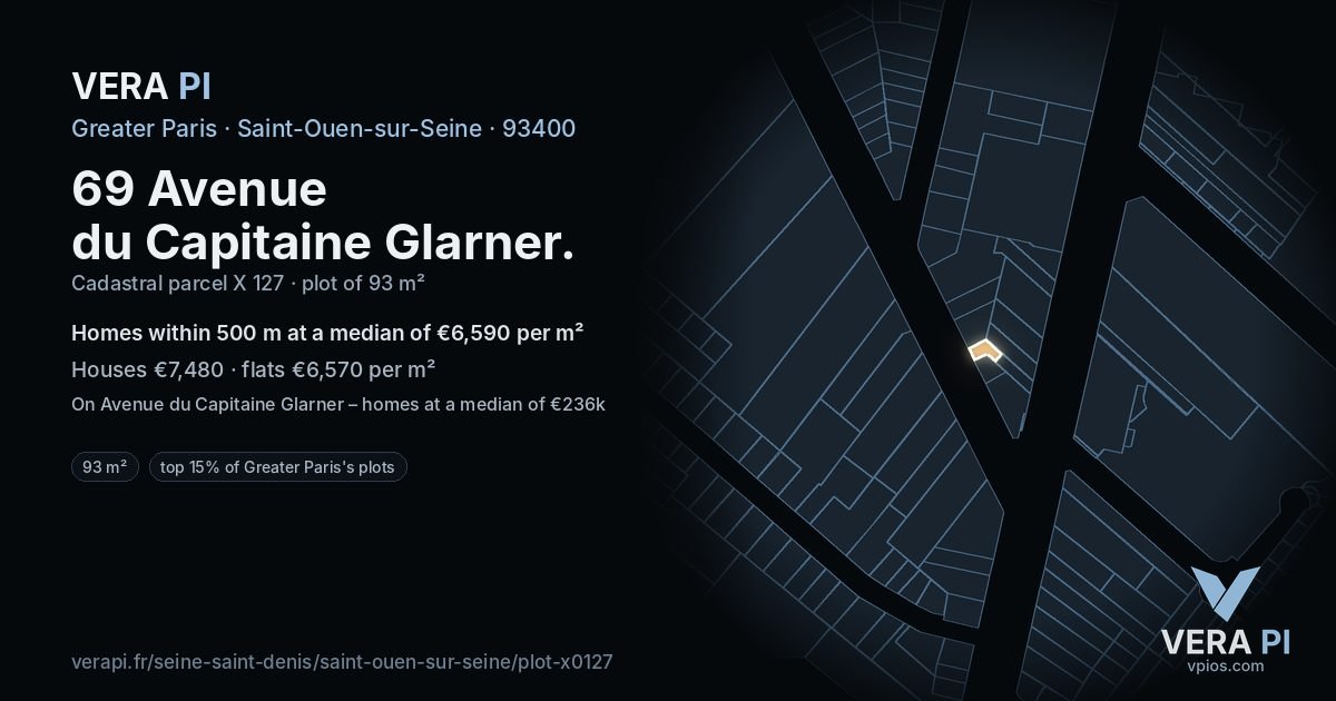 69 Avenue du Capitaine Glarner, Saint-Ouen-sur-Seine at night – the plot lit, the parcels around coloured by the prices near them