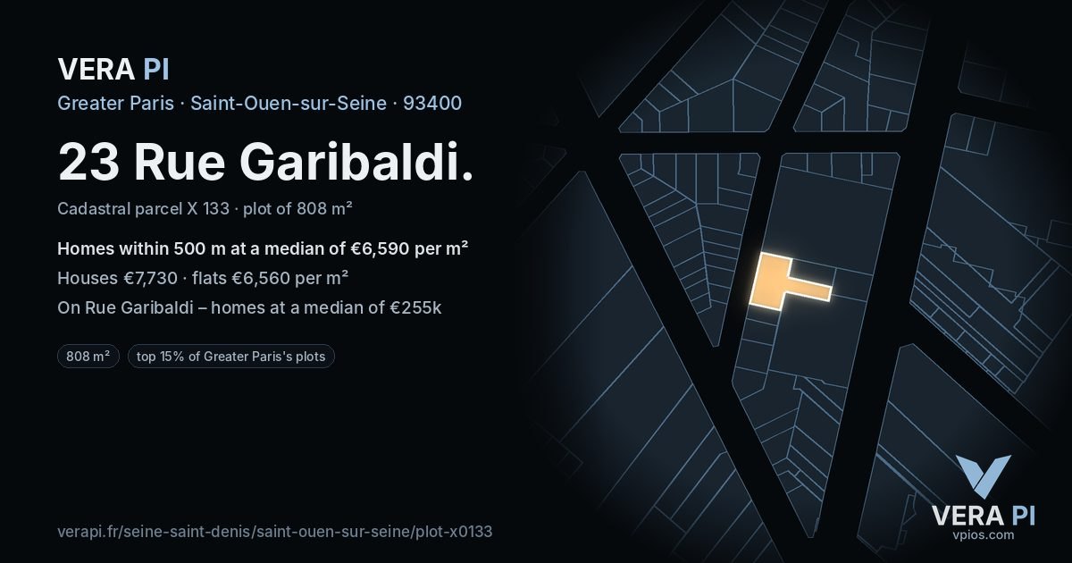 23 Rue Garibaldi, Saint-Ouen-sur-Seine at night – the plot lit, the parcels around coloured by the prices near them