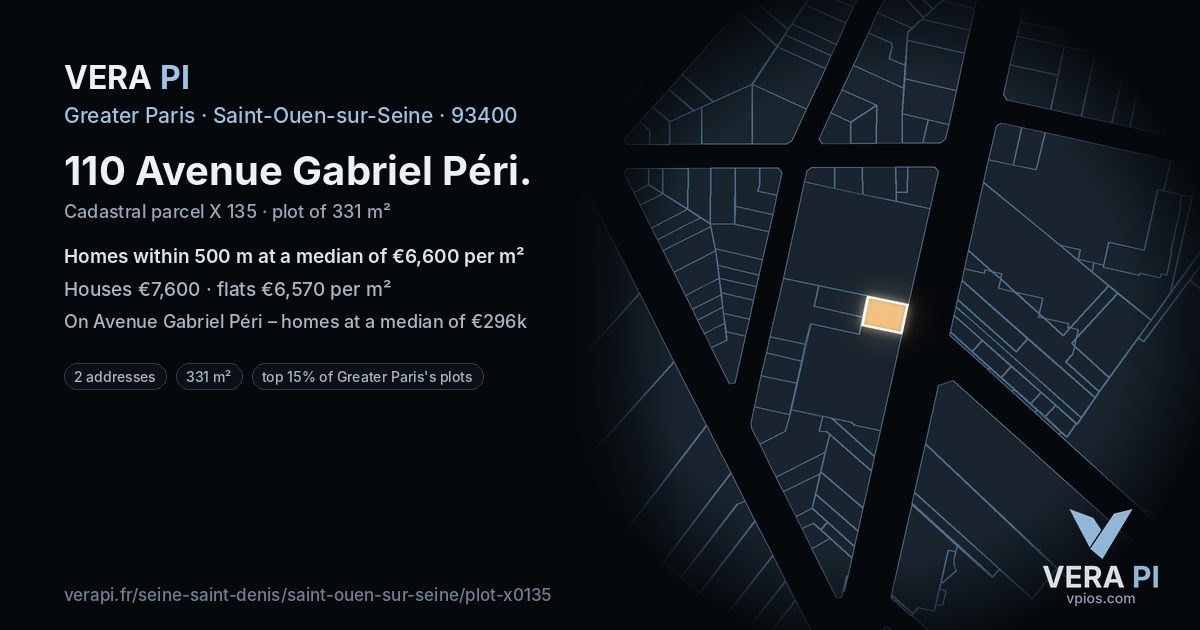 110 Avenue Gabriel Péri, Saint-Ouen-sur-Seine at night – the plot lit, the parcels around coloured by the prices near them