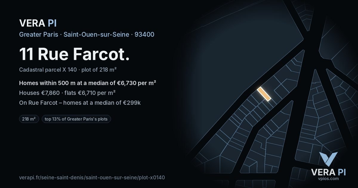 11 Rue Farcot, Saint-Ouen-sur-Seine at night – the plot lit, the parcels around coloured by the prices near them