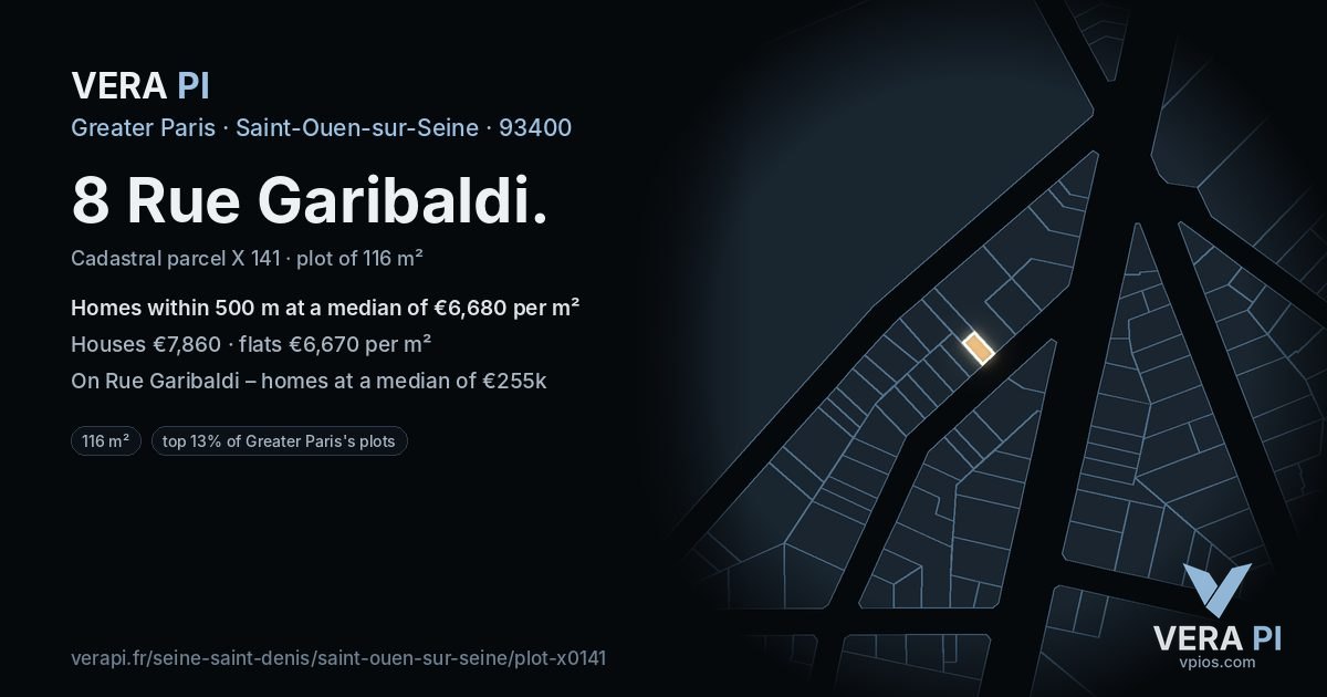 8 Rue Garibaldi, Saint-Ouen-sur-Seine at night – the plot lit, the parcels around coloured by the prices near them