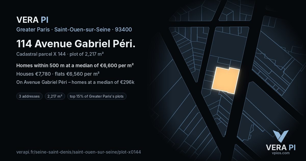 114 Avenue Gabriel Péri, Saint-Ouen-sur-Seine at night – the plot lit, the parcels around coloured by the prices near them