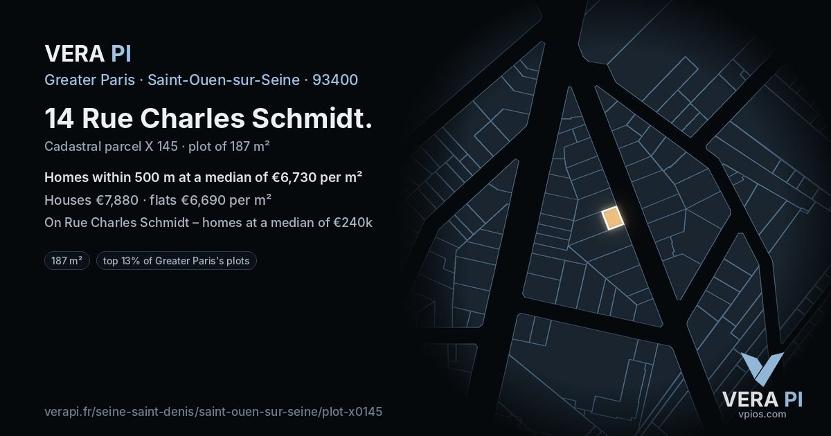 14 Rue Charles Schmidt, Saint-Ouen-sur-Seine at night – the plot lit, the parcels around coloured by the prices near them