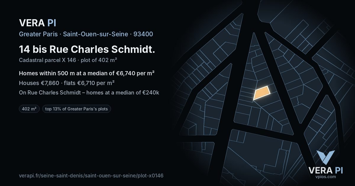 14 bis Rue Charles Schmidt, Saint-Ouen-sur-Seine at night – the plot lit, the parcels around coloured by the prices near them