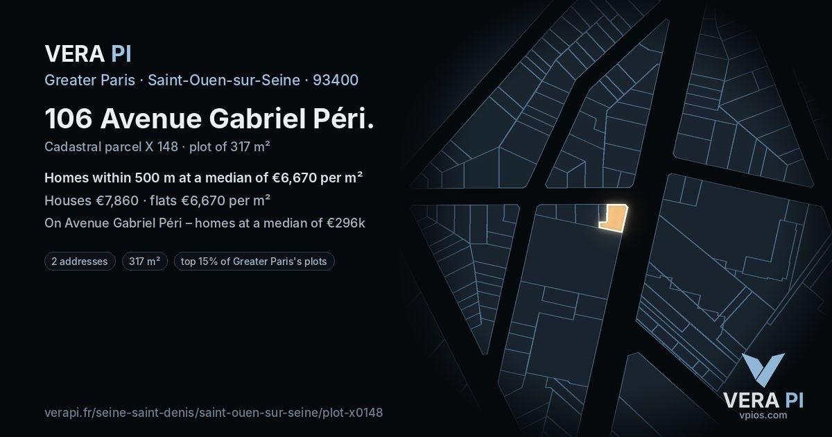 106 Avenue Gabriel Péri, Saint-Ouen-sur-Seine at night – the plot lit, the parcels around coloured by the prices near them