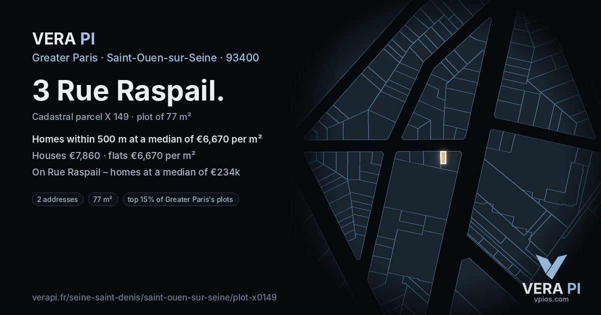 3 Rue Raspail, Saint-Ouen-sur-Seine at night – the plot lit, the parcels around coloured by the prices near them