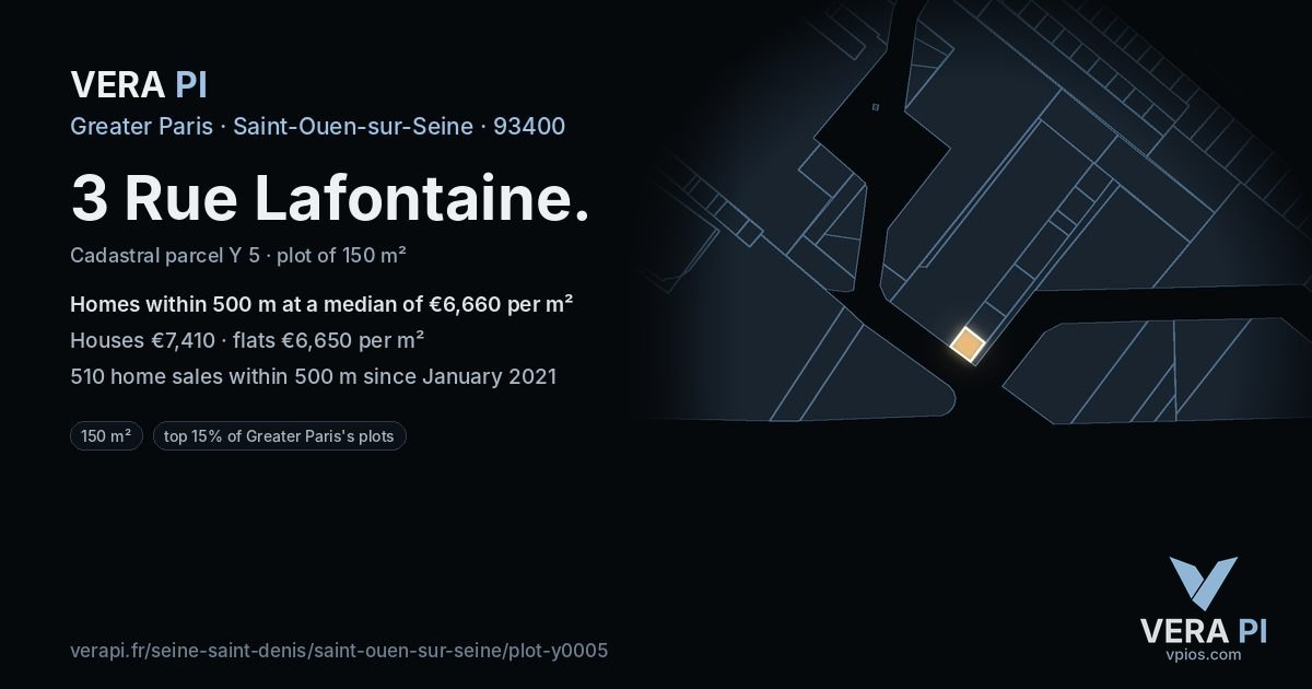 3 Rue Lafontaine, Saint-Ouen-sur-Seine at night – the plot lit, the parcels around coloured by the prices near them