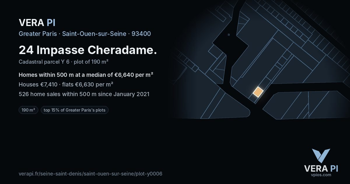 24 Impasse Cheradame, Saint-Ouen-sur-Seine at night – the plot lit, the parcels around coloured by the prices near them