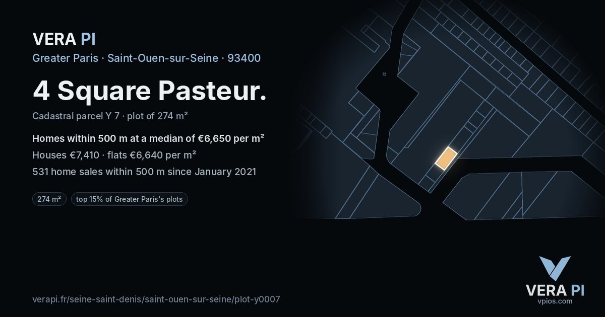 4 Square Pasteur, Saint-Ouen-sur-Seine at night – the plot lit, the parcels around coloured by the prices near them