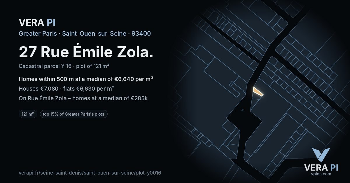 27 Rue Émile Zola, Saint-Ouen-sur-Seine at night – the plot lit, the parcels around coloured by the prices near them